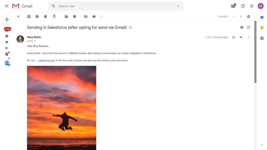 Screenshot of an email in an inbox with no 'via ....salesforce.com' in the from. Content of email includes a sunset and a person jumping in the air.