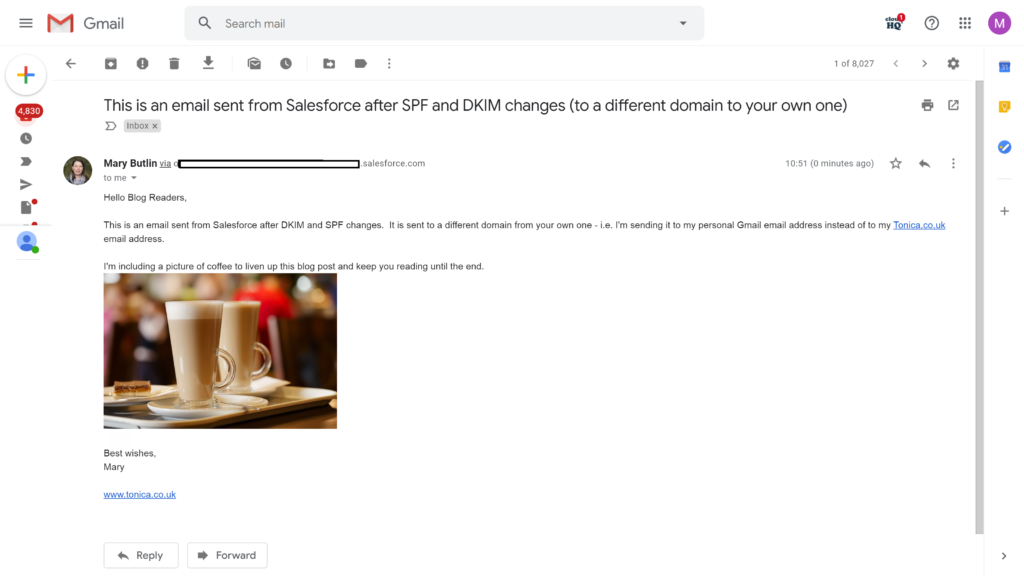 Screenshot of a Salesforce email in an inbox when sent to a different domain - includes the 'via' ...salesforce.com but is not marked as spoof email