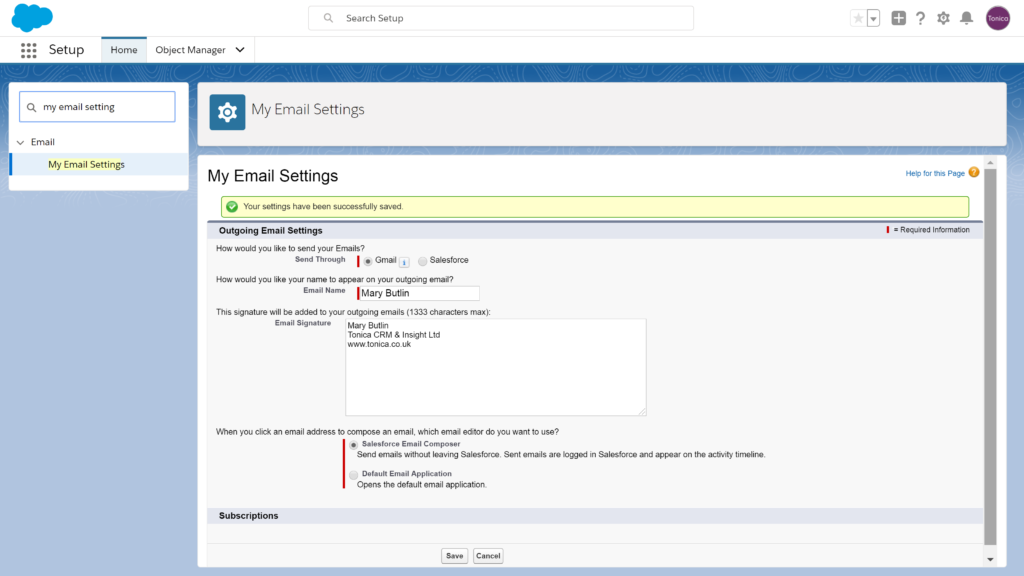 Screenshot of My Email Settings in Salesforce Set Up search 'My Email Settings' and switch to sending from Gmail