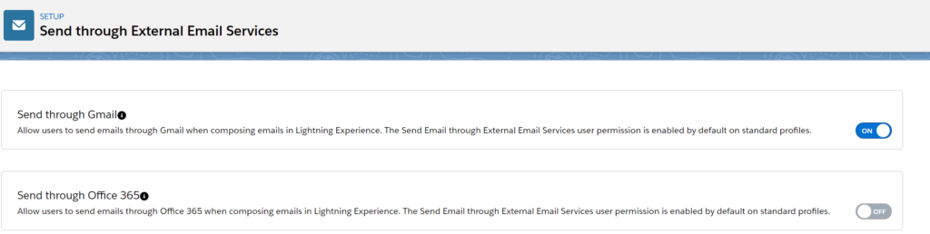 Screenshot of Send Through External Services as seen in the Set up page of Salesforce