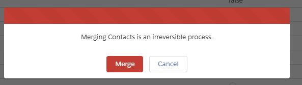 Screenshot of the "Merging Contacts is an irreversible process." warning that appears just before merging.