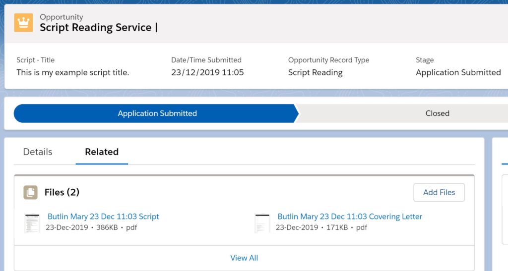 Screenshot of Salesforce - showing an Opportunity Related Tab with two files showing