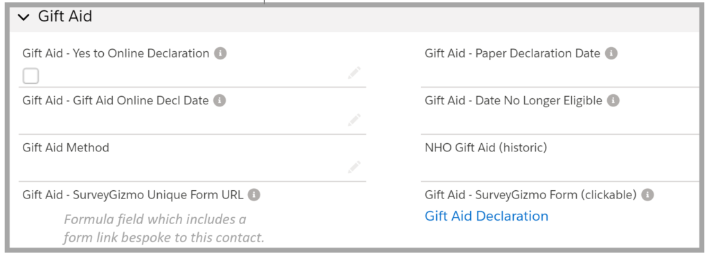 Screenshot with fields including: Gift Aid - Yes to Online Declaration; Gift Aid Online Decl Date; Gift Aid Method; and a formula field with a Gift Aid form unique to this contact.