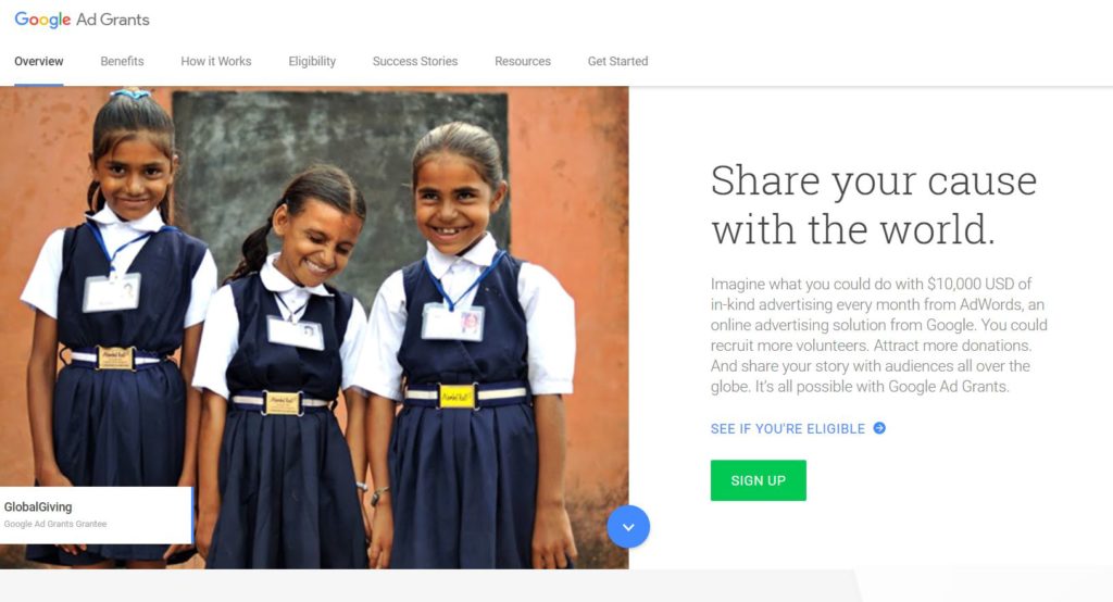 A screen shot from the Google Non-Profit scheme